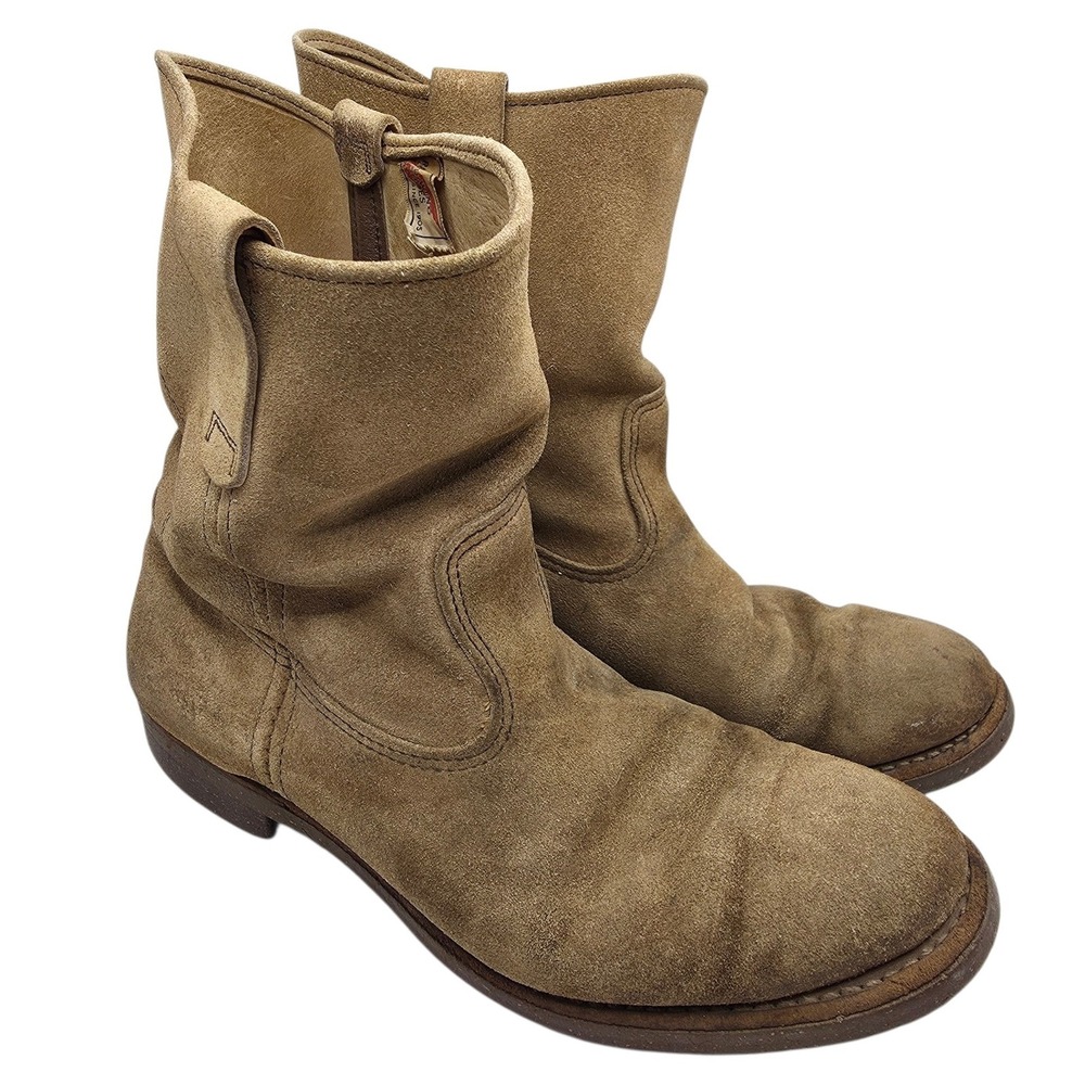 Vintage Red Wing Pecos Boots Mens 9.5 D Beige Suede 80's Pull On Workwear USA